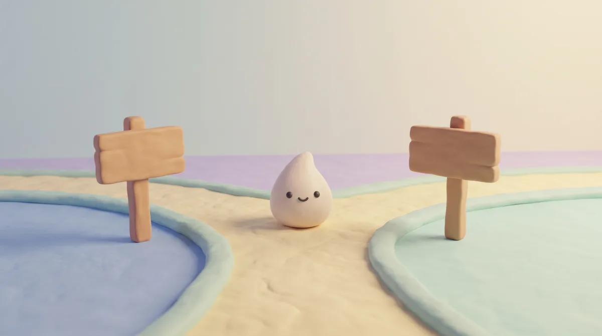 Illustration: A forked garden path with two blank wooden signposts, the mascot at the junction