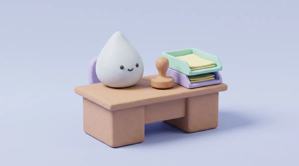 Illustration: A wooden approval stamp beside two paper trays on a tidy desk