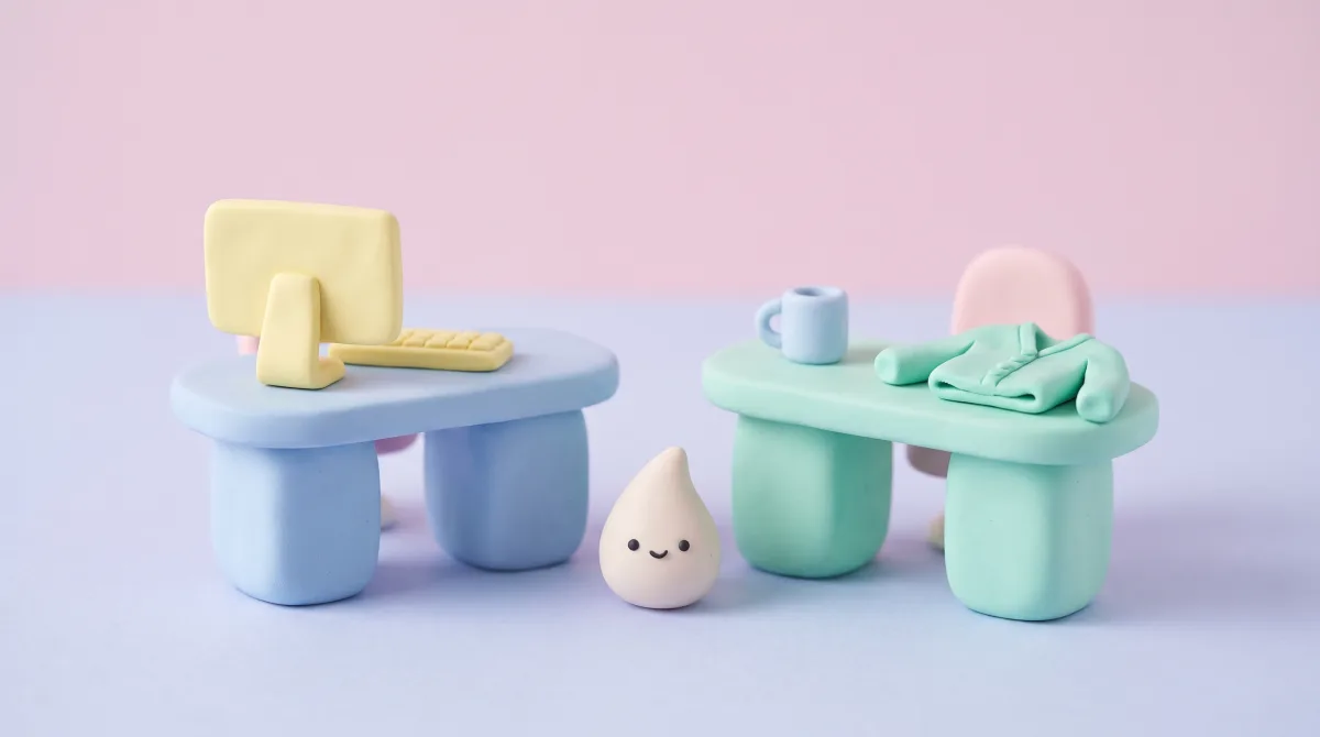Illustration: Two miniature desks side by side, one with a clay computer, one with a coffee mug and cardigan