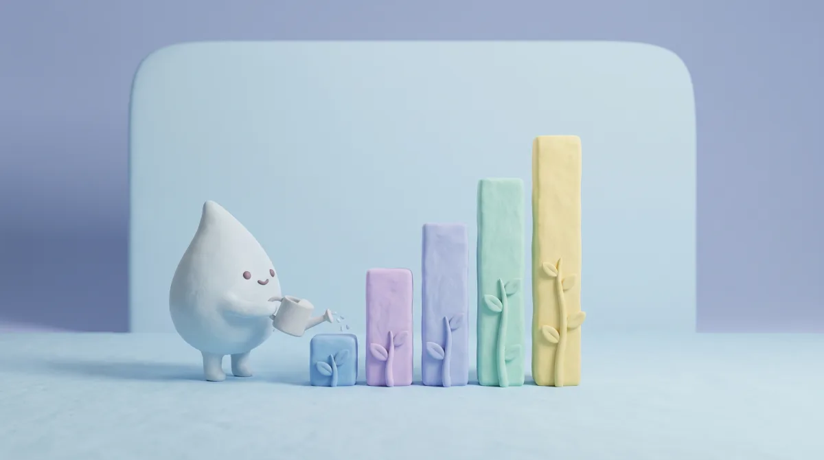 Illustration: A tiny garden where pastel bar-chart columns grow like plants, the mascot watering the shortest one