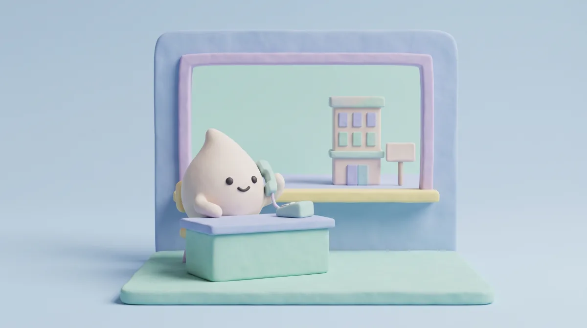 Illustration: the mascot on a phone call, with a distant office building visible through the window behind, representing calling in outside help rather than hiring someone onto staff