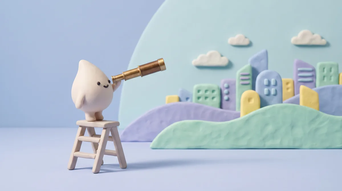 Illustration: The mascot on a ladder gazing at a soft city skyline through a brass telescope