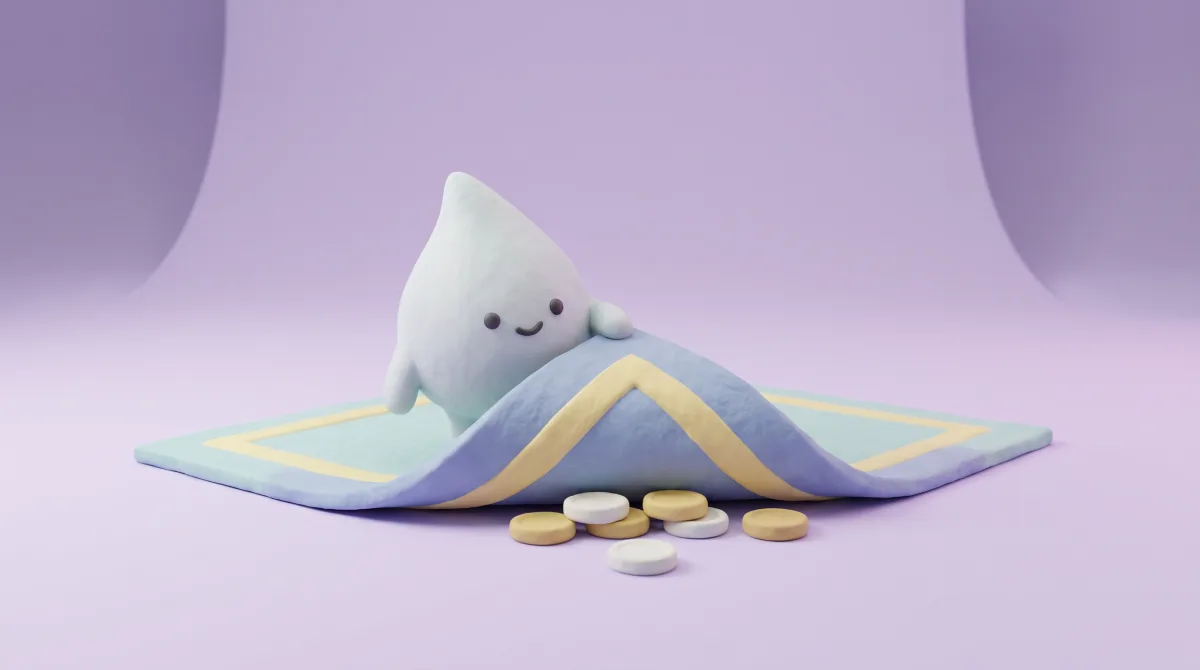 Illustration: The mascot lifting the corner of a rug, clay coins hidden underneath