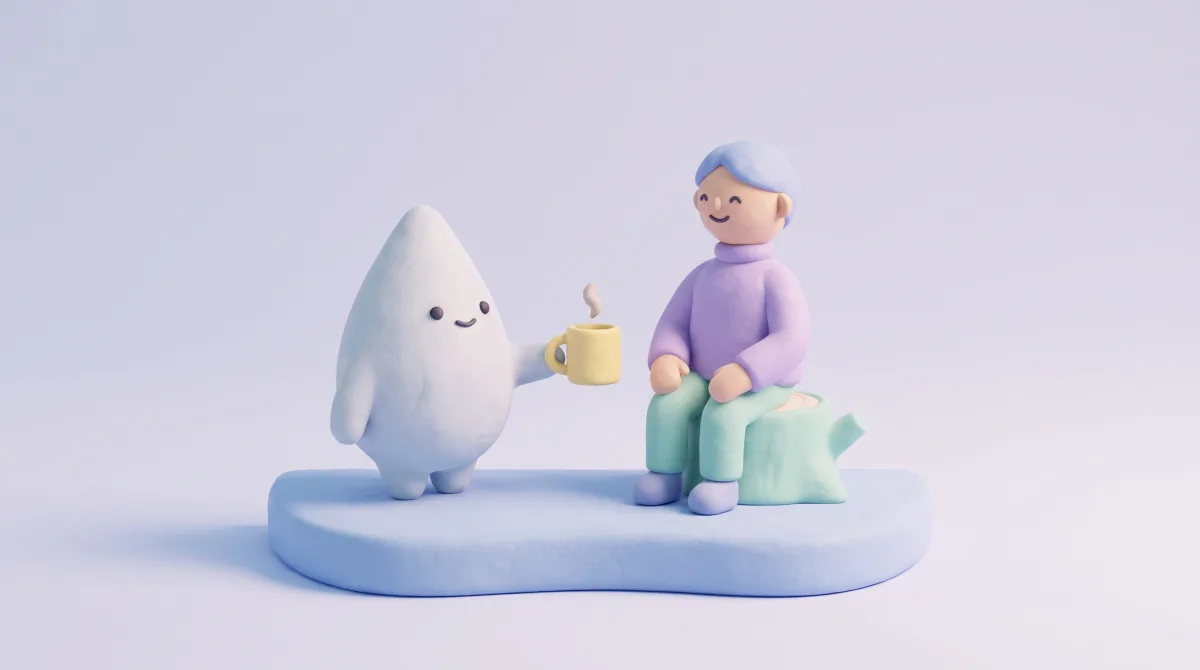 Illustration: The mascot offering a mug of coffee to a smiling clay person