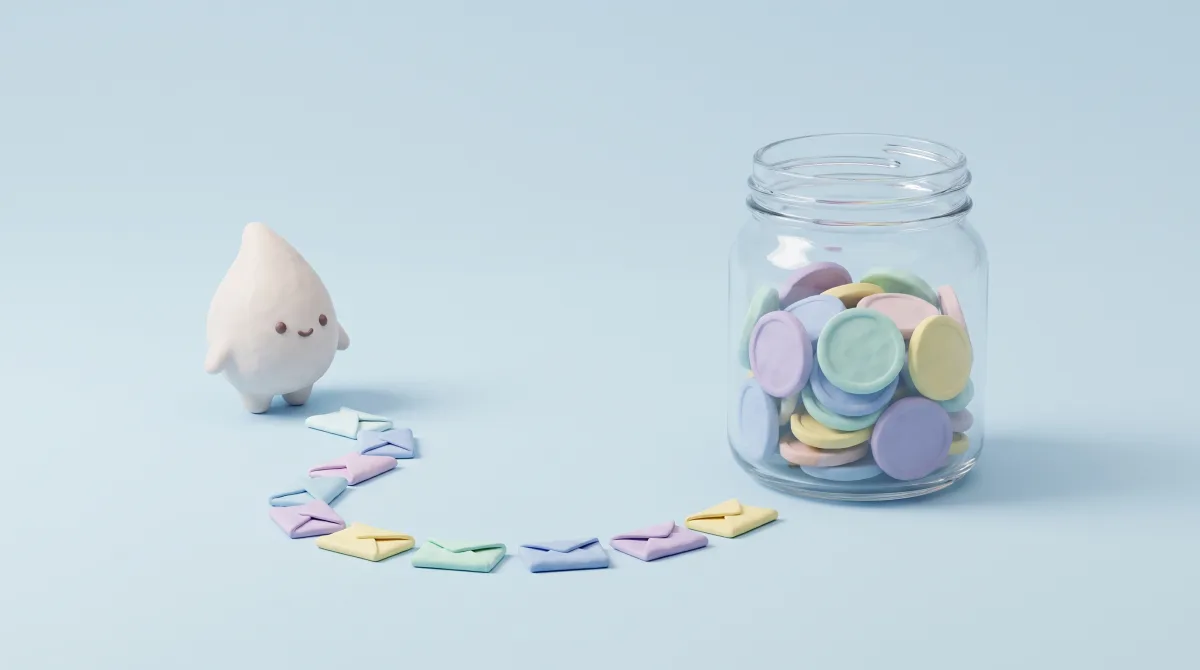 Illustration: A trail of pastel envelopes leading to a glass jar of clay coins