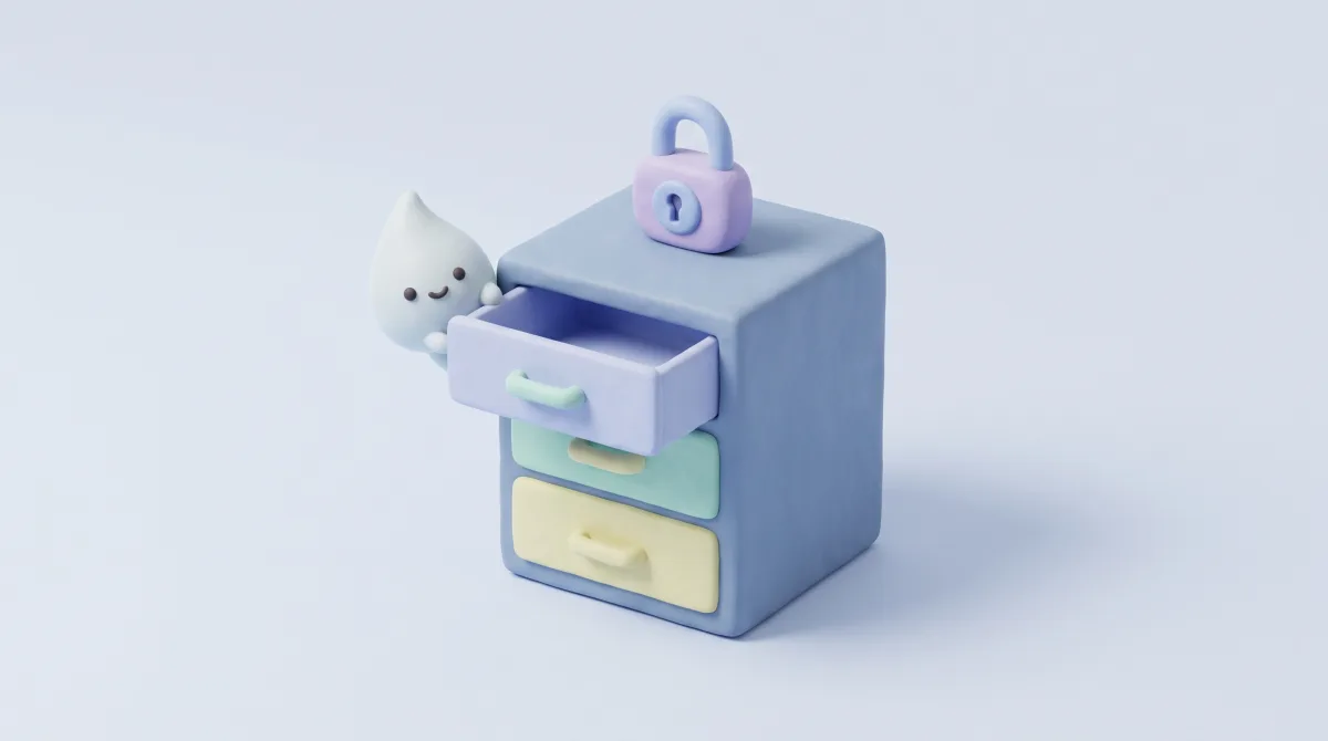 Illustration: A pastel filing cabinet with one drawer open, a soft lock resting on top