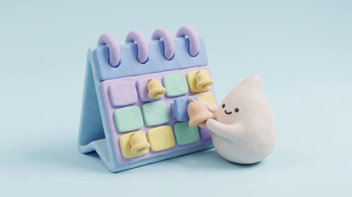 Illustration: A desk calendar with tiny bells resting on certain days, the mascot winding one