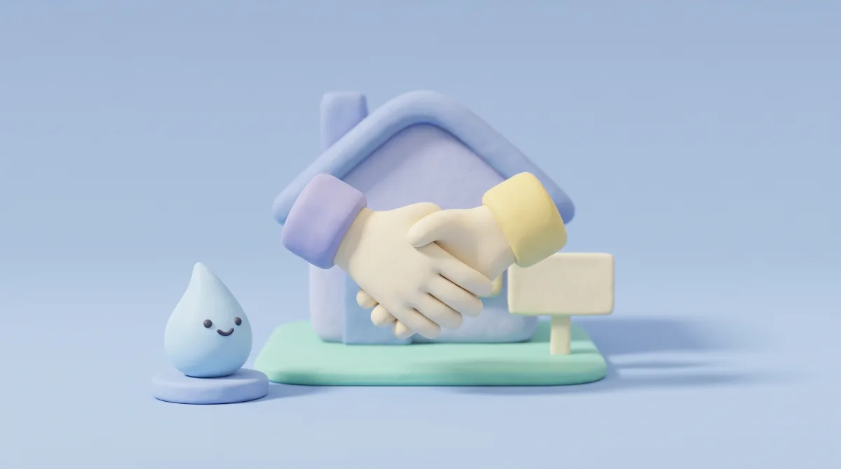 Illustration: A small pastel house with a sold-style blank sign, two clay hands shaking in front