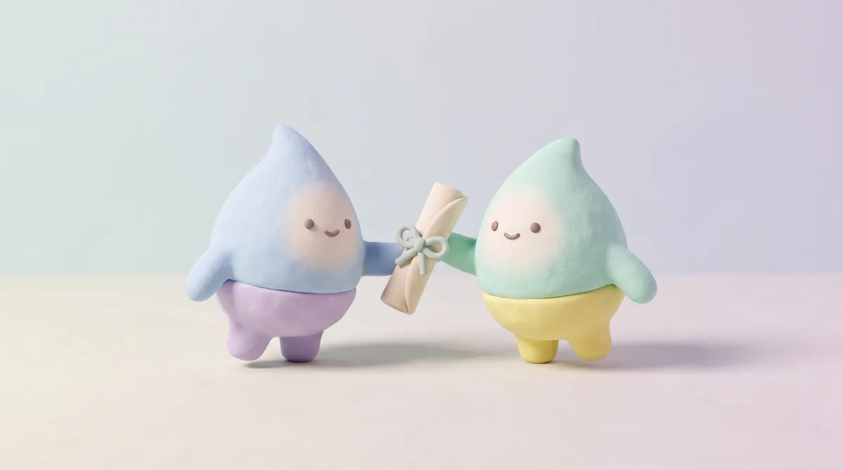 Illustration: Two mascots passing a relay baton shaped like a rolled letter