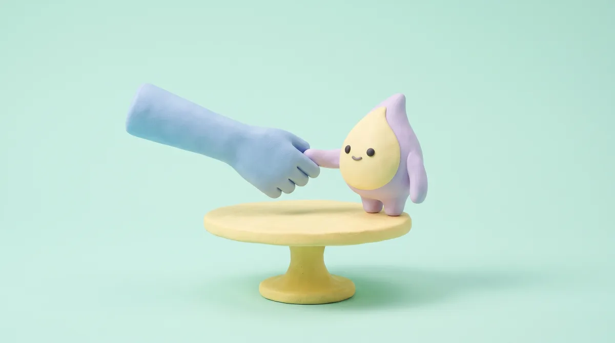 Illustration: A human clay hand and the mascot gently shaking hands over a tiny table