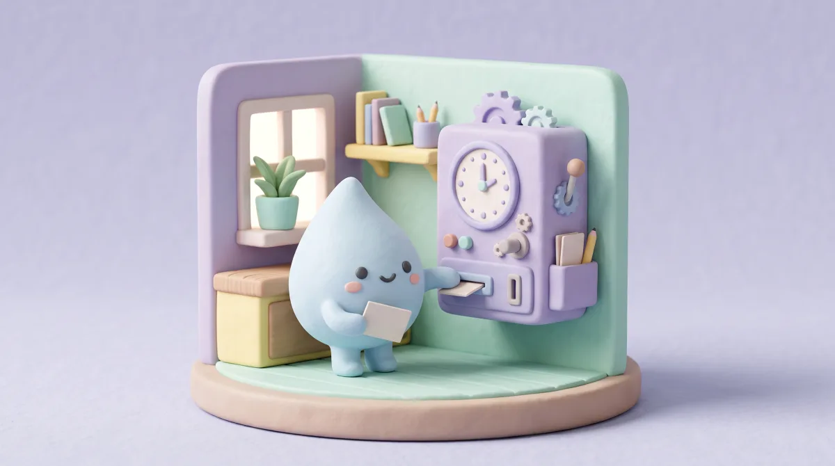 Illustration: The mascot pressing a vintage punch-in time clock, morning light