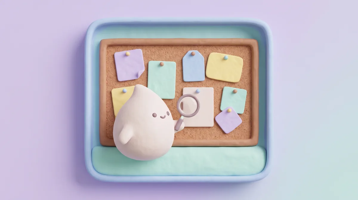 Illustration: A corkboard of blank cards, the mascot examining one through a magnifying glass