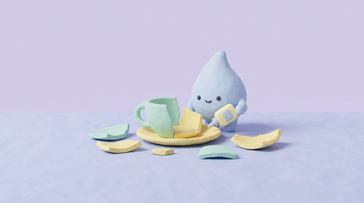 Illustration: A broken clay teacup being carefully glued back together by the mascot